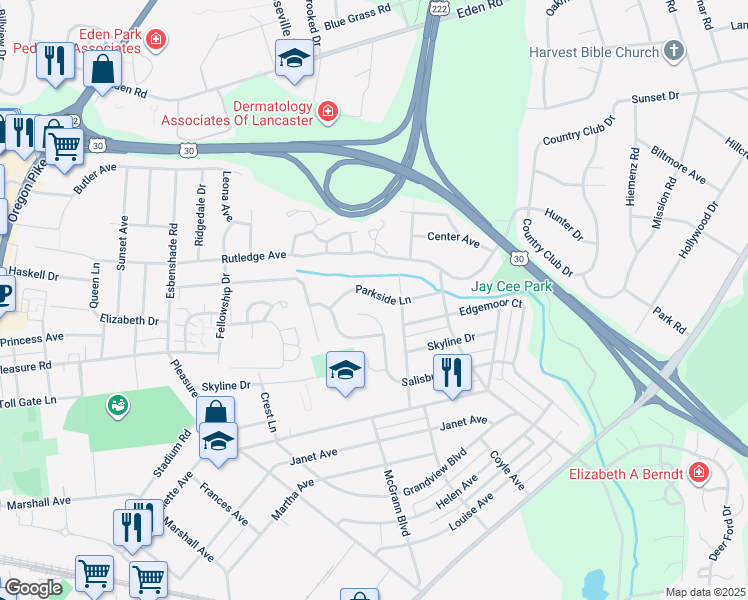 map of restaurants, bars, coffee shops, grocery stores, and more near 882 Parkside Lane in Lancaster