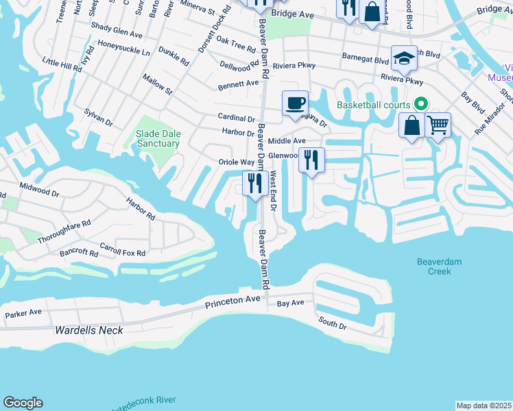 map of restaurants, bars, coffee shops, grocery stores, and more near 1671 Beaver Dam Road in Point Pleasant