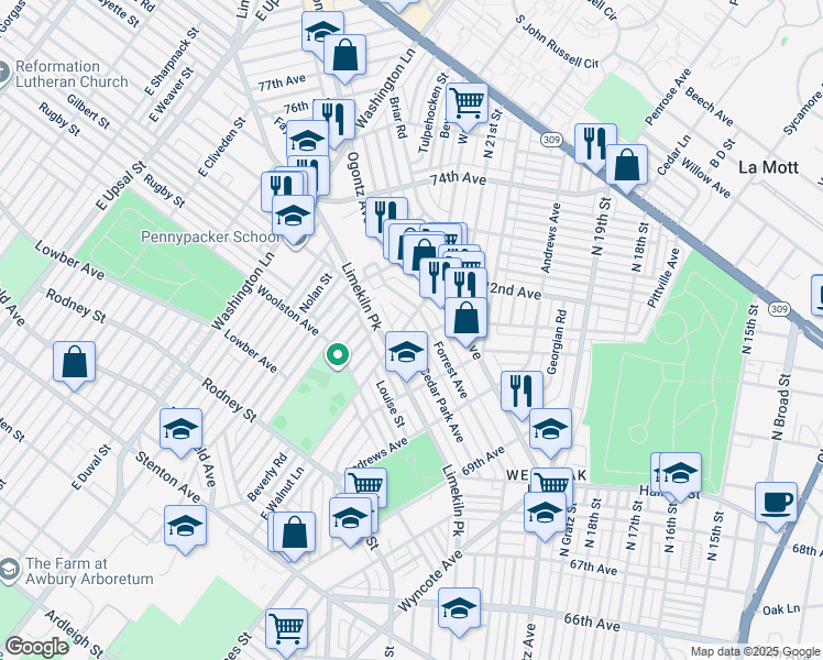 map of restaurants, bars, coffee shops, grocery stores, and more near 7171 Cedar Park Avenue in Philadelphia