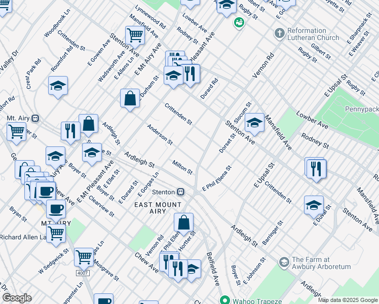 map of restaurants, bars, coffee shops, grocery stores, and more near 6837 Anderson Street in Philadelphia