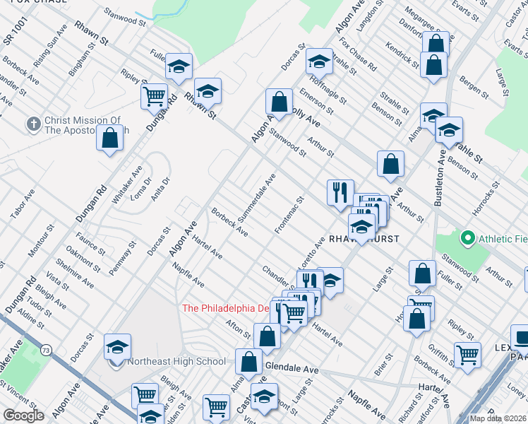 map of restaurants, bars, coffee shops, grocery stores, and more near 1714 Loney Street in Philadelphia