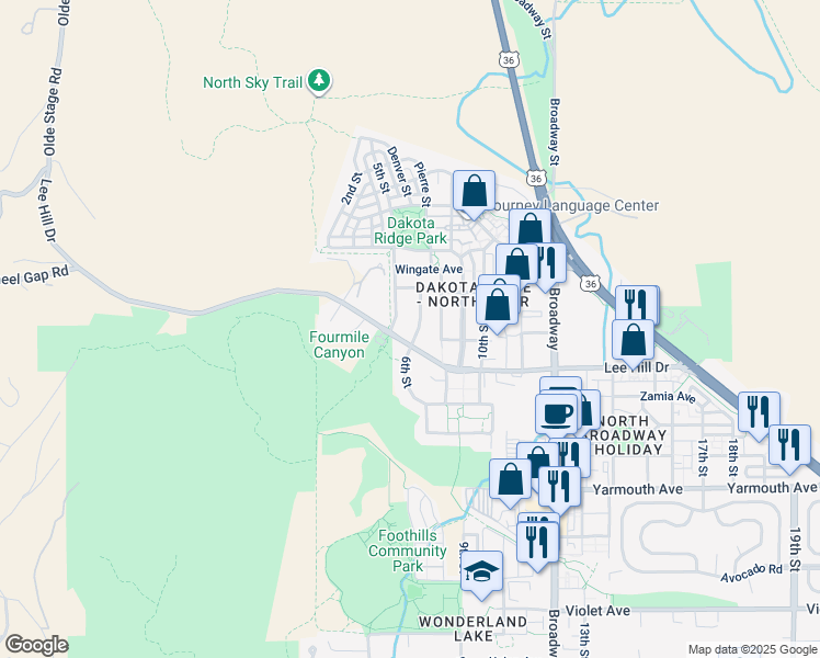 map of restaurants, bars, coffee shops, grocery stores, and more near 4845 6th Street in Boulder