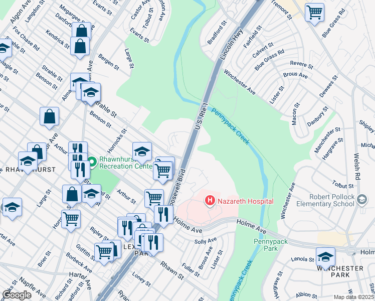 map of restaurants, bars, coffee shops, grocery stores, and more near Roosevelt Boulevard in Philadelphia
