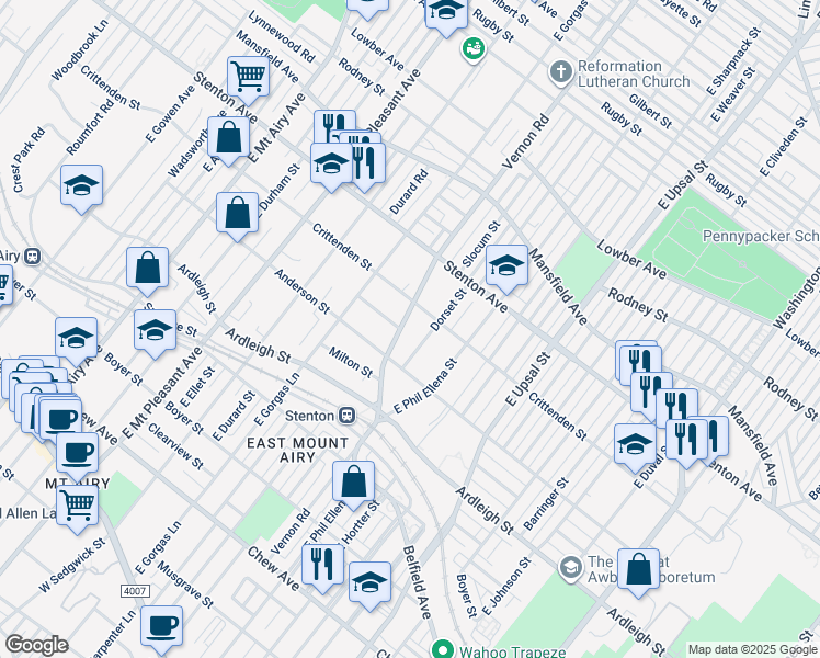 map of restaurants, bars, coffee shops, grocery stores, and more near 730 East Vernon Road in Philadelphia