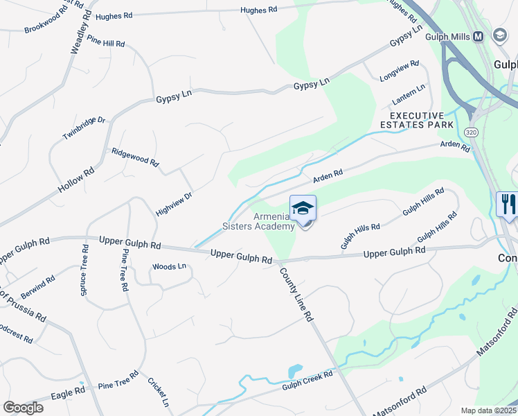 map of restaurants, bars, coffee shops, grocery stores, and more near 475 Arden Road in Conshohocken