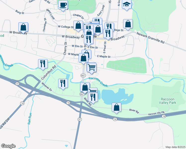 map of restaurants, bars, coffee shops, grocery stores, and more near 470 South Main Street in Granville