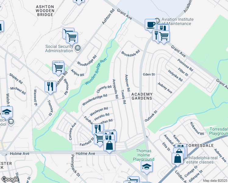 map of restaurants, bars, coffee shops, grocery stores, and more near 9250 Woodenbridge Road in Philadelphia