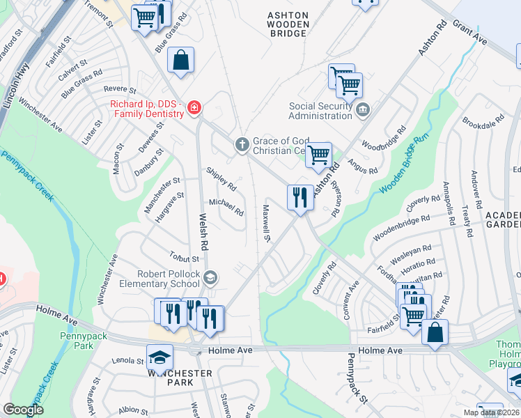 map of restaurants, bars, coffee shops, grocery stores, and more near 2720 Maxwell Street in Philadelphia