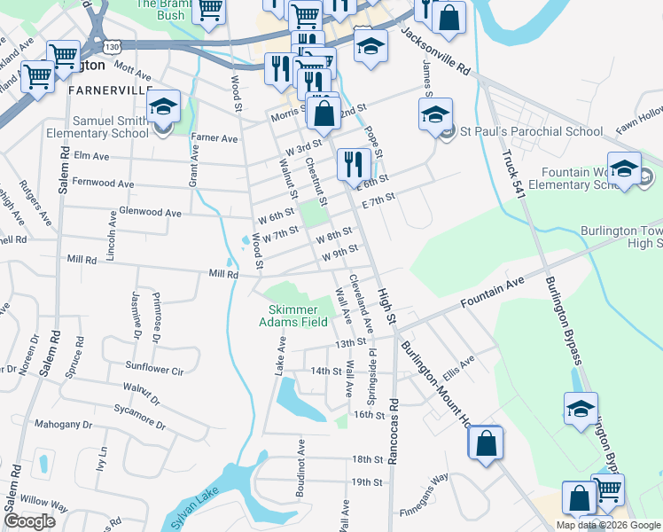 map of restaurants, bars, coffee shops, grocery stores, and more near 24 West 9th Street in Burlington