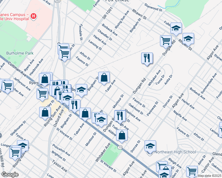 map of restaurants, bars, coffee shops, grocery stores, and more near 7529 Tabor Avenue in Philadelphia