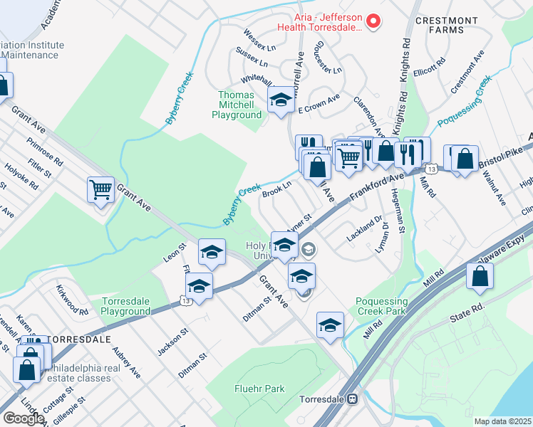 map of restaurants, bars, coffee shops, grocery stores, and more near 3959 Stevenson Lane in Philadelphia