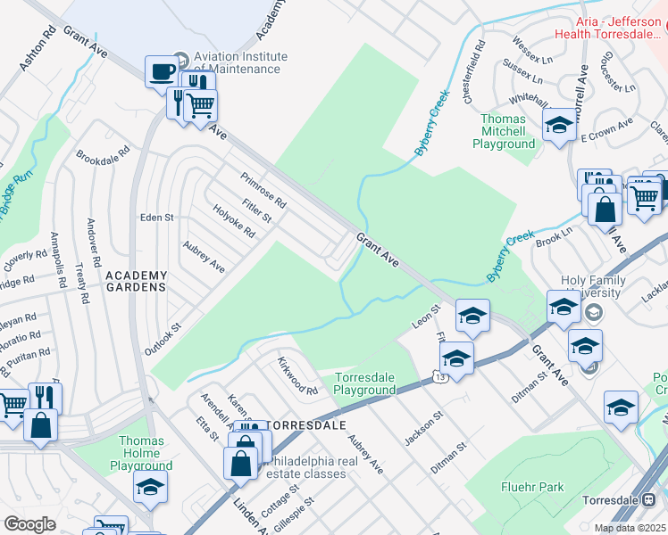 map of restaurants, bars, coffee shops, grocery stores, and more near 3600 Grant Avenue in Philadelphia