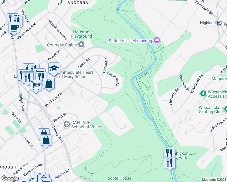 map of restaurants, bars, coffee shops, grocery stores, and more near 8412 Chippewa Road in Philadelphia