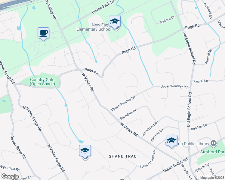 map of restaurants, bars, coffee shops, grocery stores, and more near 660 Rittenhouse Lane in Wayne