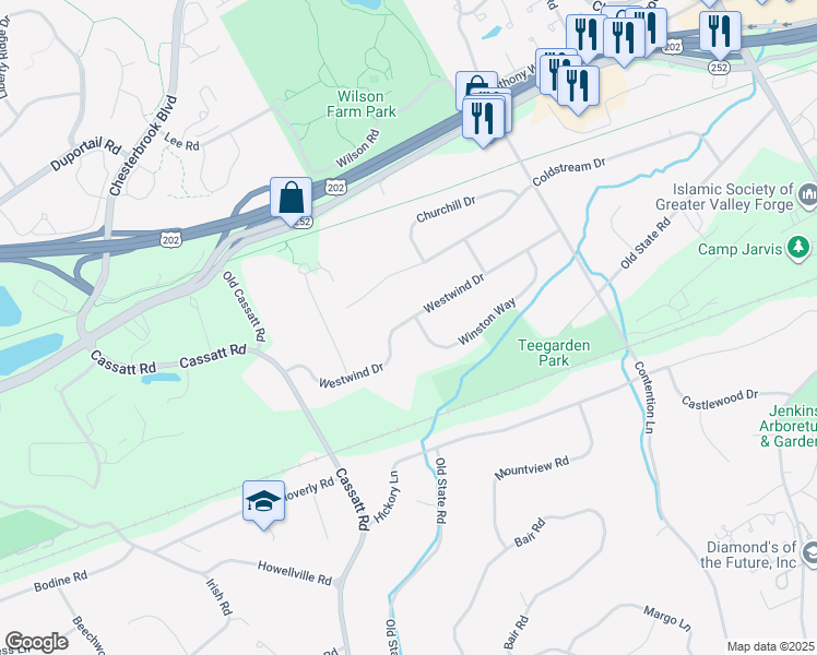 map of restaurants, bars, coffee shops, grocery stores, and more near 595 Westwind Drive in Berwyn