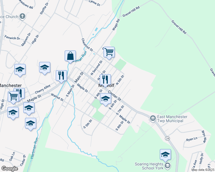 map of restaurants, bars, coffee shops, grocery stores, and more near 33 North Fourth Street in Mount Wolf