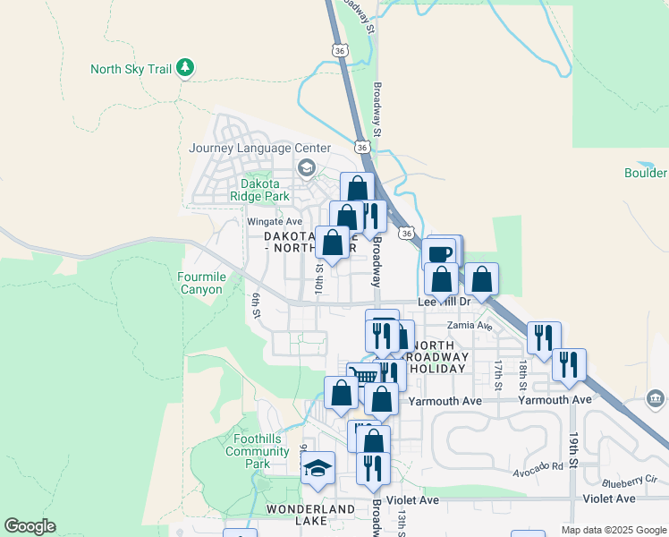 map of restaurants, bars, coffee shops, grocery stores, and more near 1001 Lee Hill Drive in Boulder