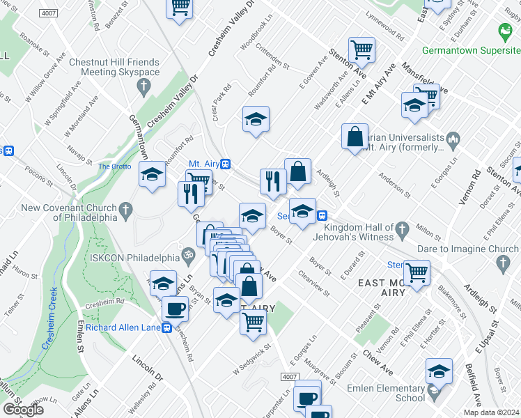 map of restaurants, bars, coffee shops, grocery stores, and more near 7215 Boyer Street in Philadelphia