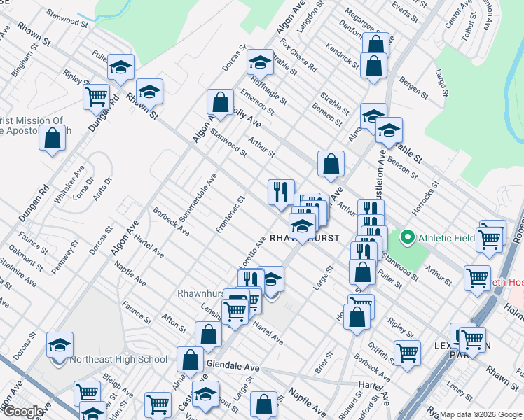 map of restaurants, bars, coffee shops, grocery stores, and more near 1827 Rhawn Street in Philadelphia