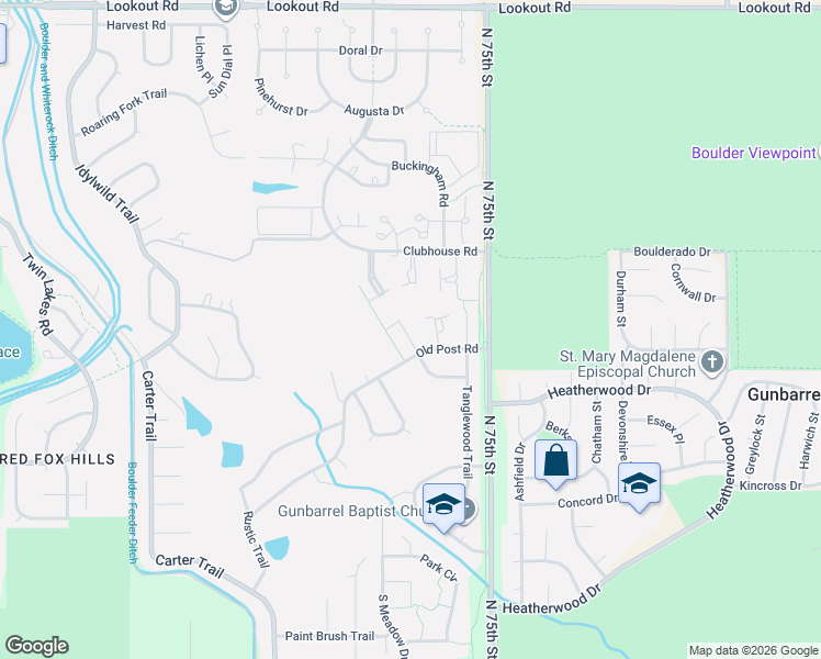 map of restaurants, bars, coffee shops, grocery stores, and more near 4874 Briar Ridge Court in Boulder