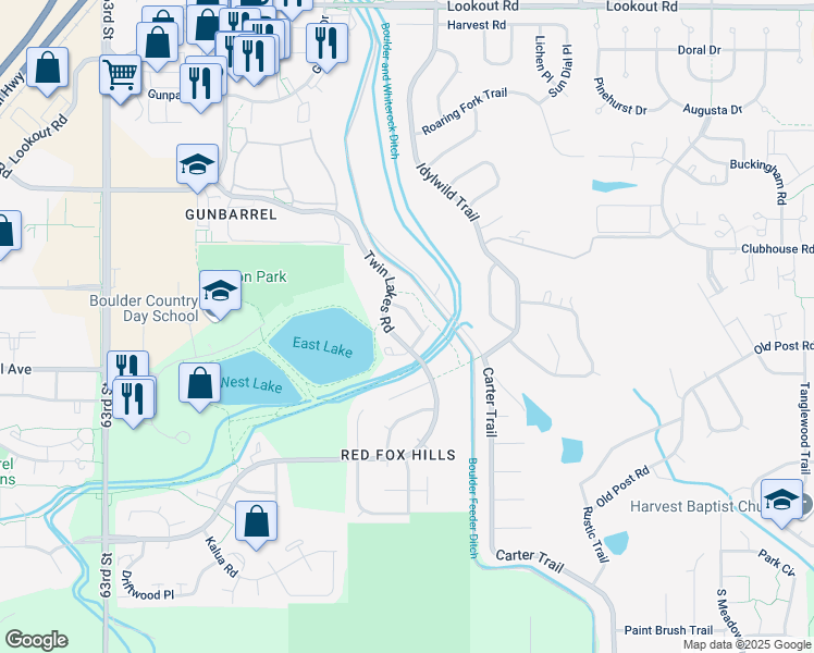 map of restaurants, bars, coffee shops, grocery stores, and more near 4884 Brandon Creek Drive in Boulder