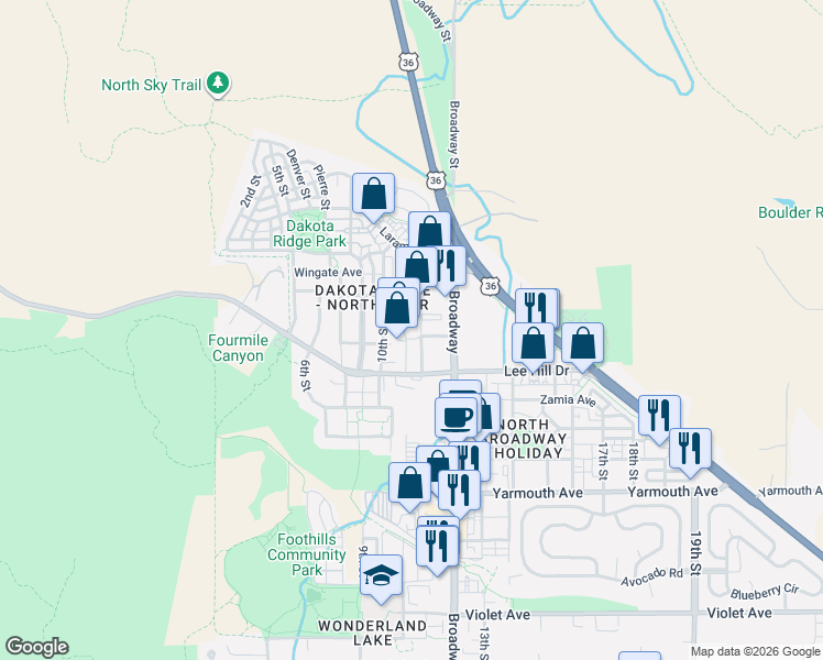 map of restaurants, bars, coffee shops, grocery stores, and more near 4891 Broadway Street in Boulder