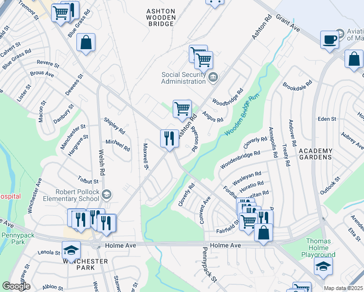 map of restaurants, bars, coffee shops, grocery stores, and more near 9131 Ashton Road in Philadelphia