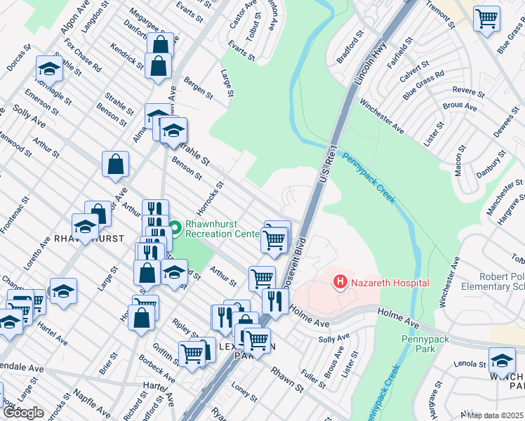 map of restaurants, bars, coffee shops, grocery stores, and more near 2265 Strahle Street in Philadelphia