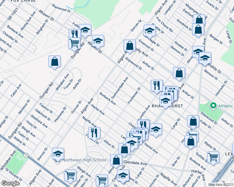 map of restaurants, bars, coffee shops, grocery stores, and more near 1634 Loney Street in Philadelphia