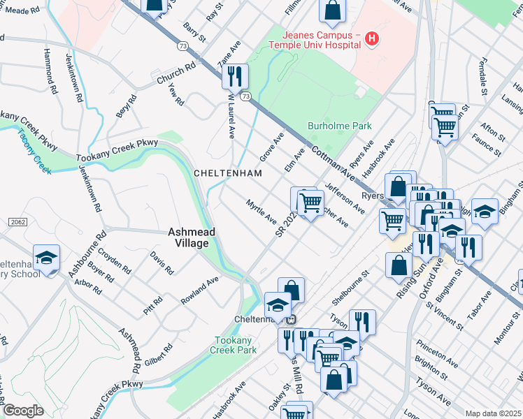 map of restaurants, bars, coffee shops, grocery stores, and more near 337 Myrtle Avenue in Cheltenham Village