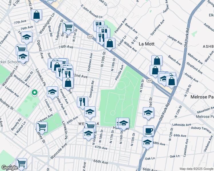 map of restaurants, bars, coffee shops, grocery stores, and more near 1831 Dallas Road in Philadelphia