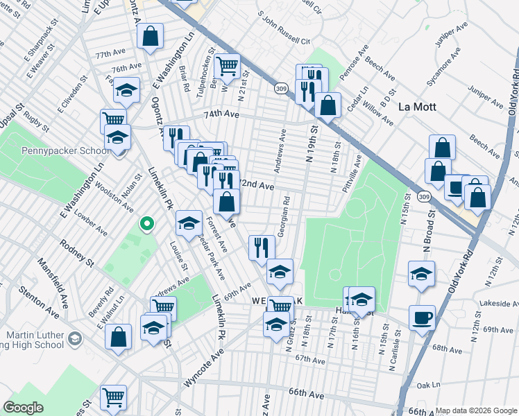 map of restaurants, bars, coffee shops, grocery stores, and more near 7165 North Uber Street in Philadelphia