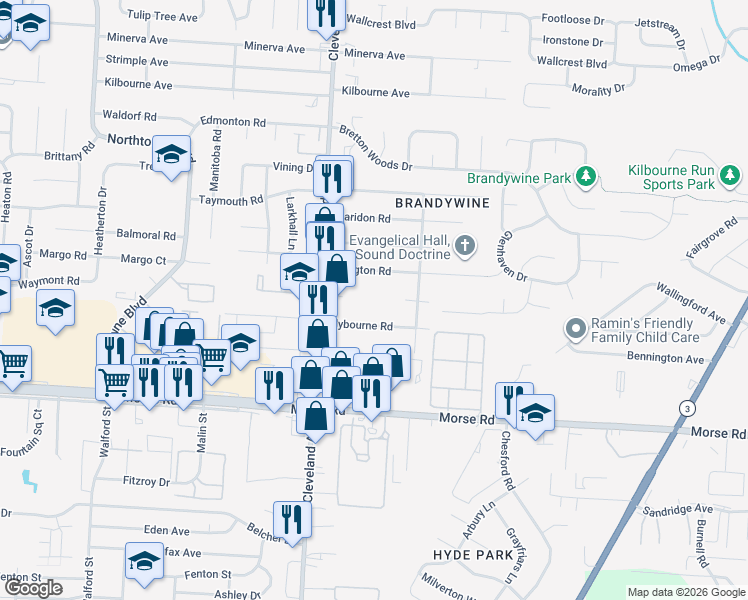 map of restaurants, bars, coffee shops, grocery stores, and more near 2589 Abington Road in Columbus