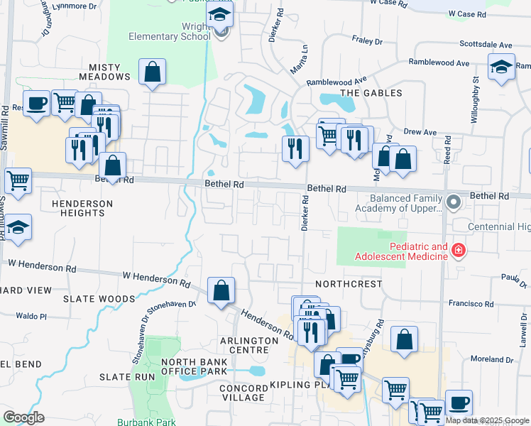 map of restaurants, bars, coffee shops, grocery stores, and more near 2291 Hedgerow Road in Columbus