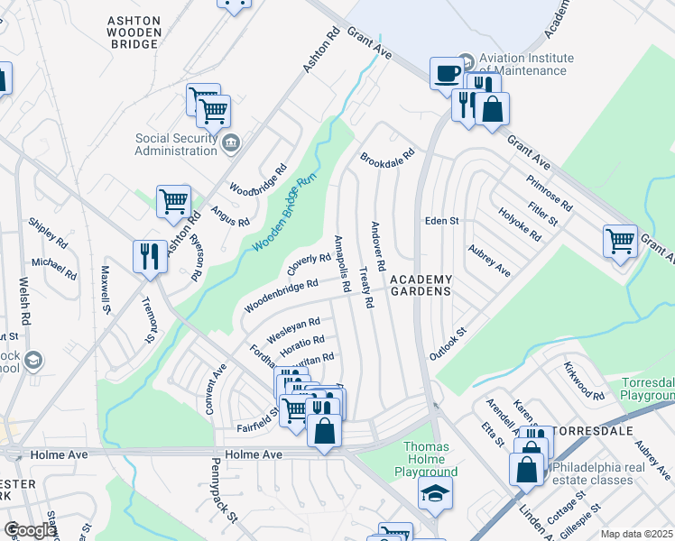map of restaurants, bars, coffee shops, grocery stores, and more near 9250 Woodenbridge Road in Philadelphia