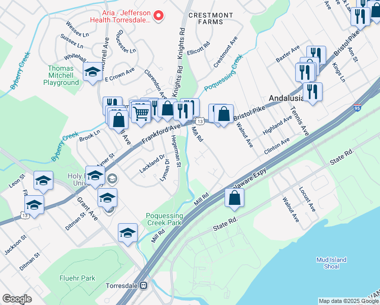 map of restaurants, bars, coffee shops, grocery stores, and more near 466 Robinson Avenue in Bensalem