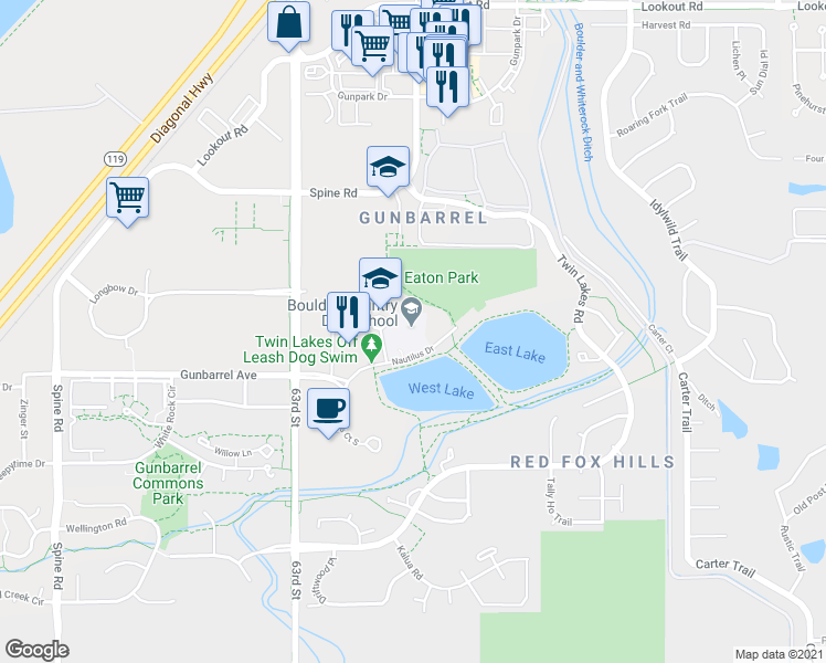 map of restaurants, bars, coffee shops, grocery stores, and more near 4820 Nautilus Court North in Boulder