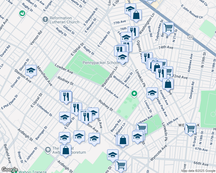map of restaurants, bars, coffee shops, grocery stores, and more near 1709 East Mayland Street in Philadelphia
