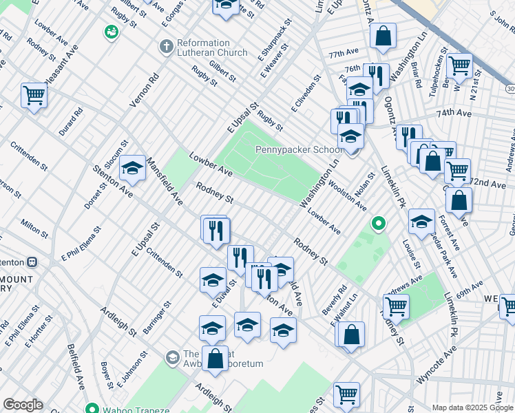 map of restaurants, bars, coffee shops, grocery stores, and more near 1605 East Johnson Street in Philadelphia