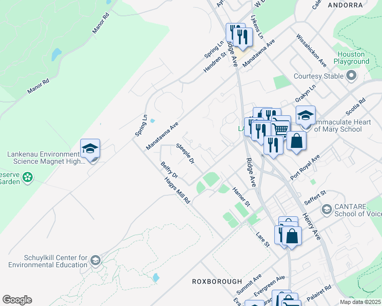 map of restaurants, bars, coffee shops, grocery stores, and more near 8629 Steeple Drive in Philadelphia