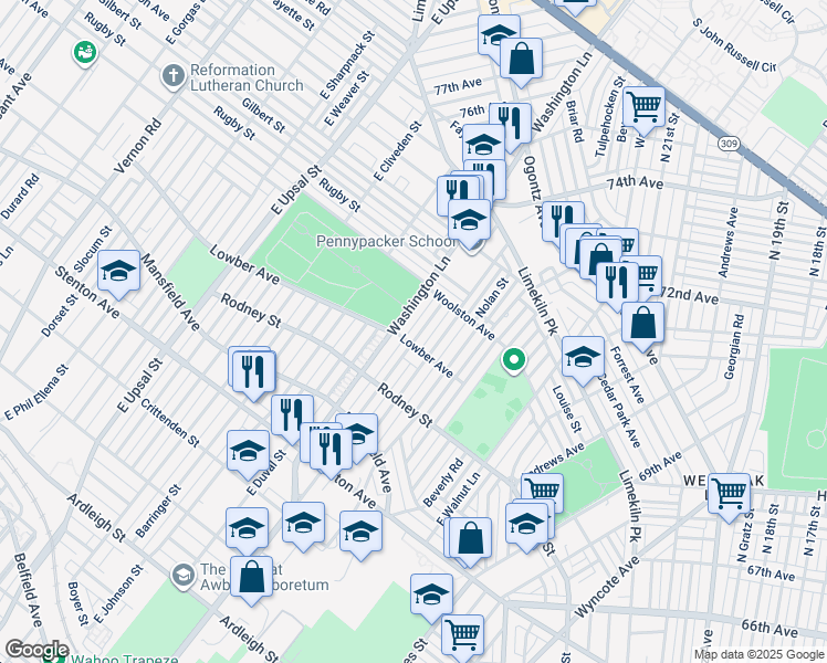 map of restaurants, bars, coffee shops, grocery stores, and more near 1709 East Mayland Street in Philadelphia