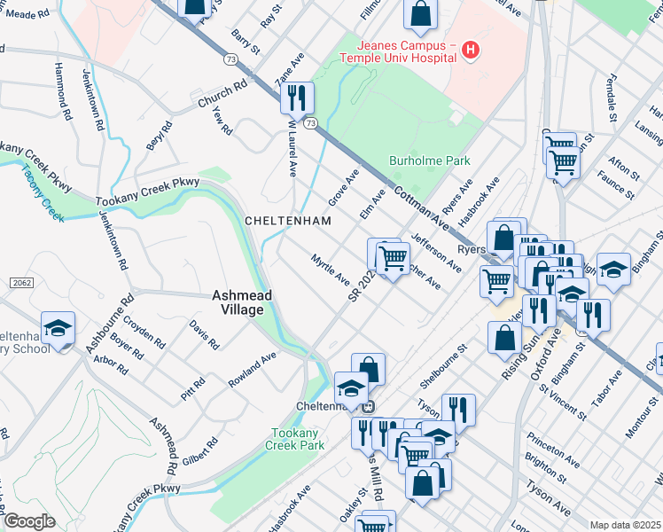 map of restaurants, bars, coffee shops, grocery stores, and more near 337 Myrtle Avenue in Cheltenham Village