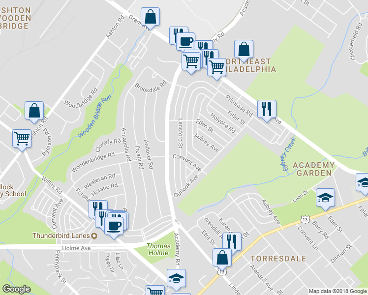 map of restaurants, bars, coffee shops, grocery stores, and more near 9315 Lansford Street in Philadelphia