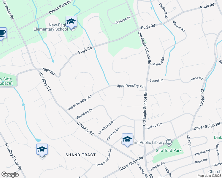 map of restaurants, bars, coffee shops, grocery stores, and more near 602 Upper Weadley Road in Wayne