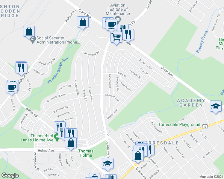map of restaurants, bars, coffee shops, grocery stores, and more near 9315 Lansford Street in Philadelphia