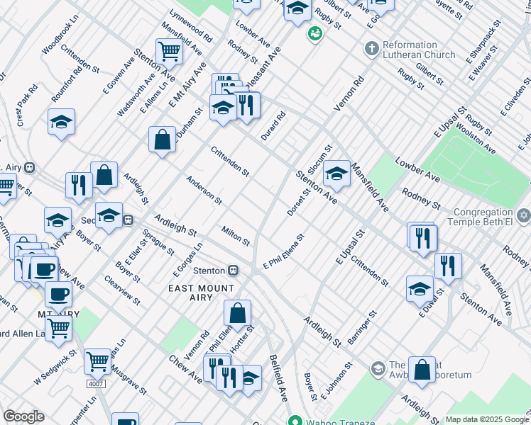 map of restaurants, bars, coffee shops, grocery stores, and more near 725 Vernon Road in Philadelphia