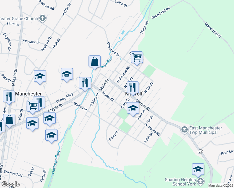 map of restaurants, bars, coffee shops, grocery stores, and more near 52 South Third Street in Mount Wolf