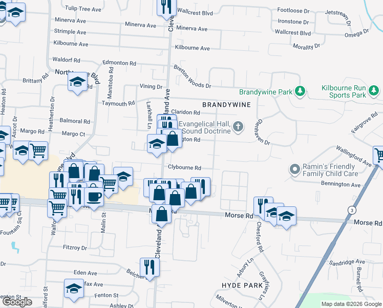 map of restaurants, bars, coffee shops, grocery stores, and more near 2589 Abington Road in Columbus