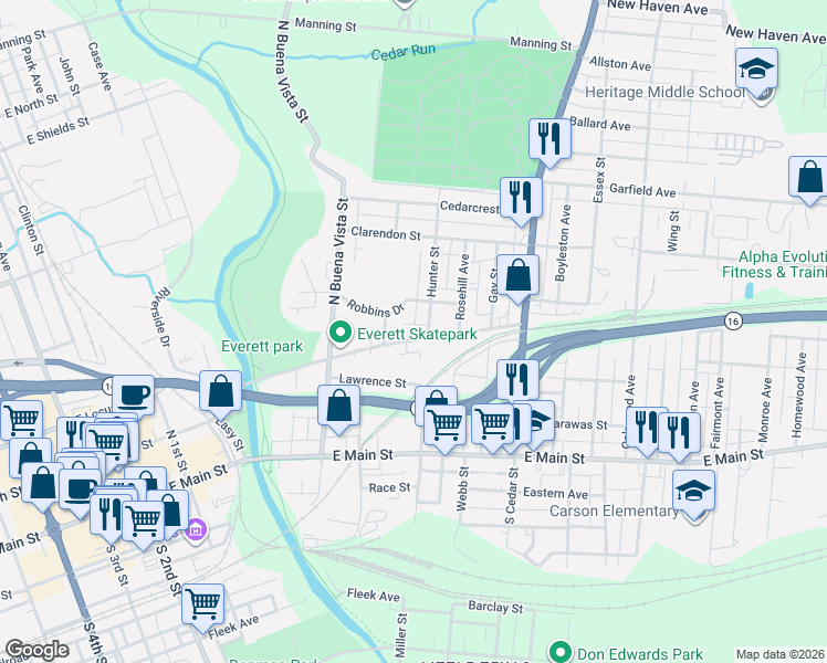 map of restaurants, bars, coffee shops, grocery stores, and more near 256 Everett Avenue in Newark