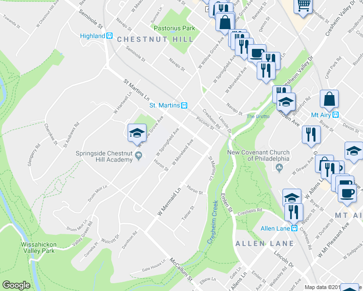 map of restaurants, bars, coffee shops, grocery stores, and more near 415 West Moreland Avenue in Philadelphia